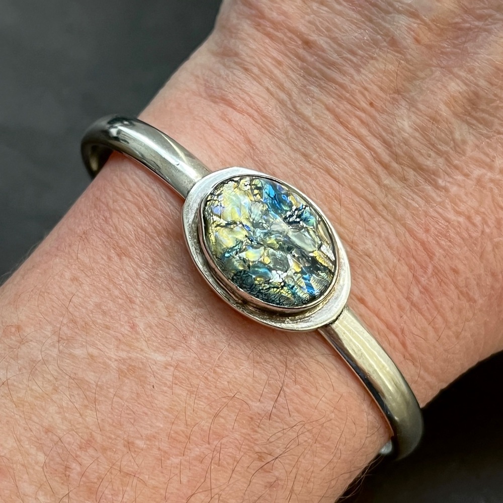 Vintage Taxco Mexico sterling silver and dichroic glass cuff bracelet - Picture 3 of 7
